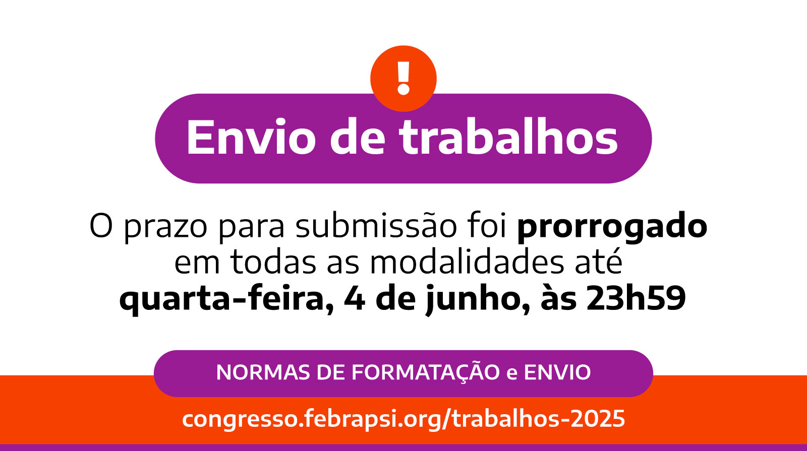 Prorrogado o prazo dos envios de trabalhos para a próxima quarta-feira, dia 4 de junho, às 23h59